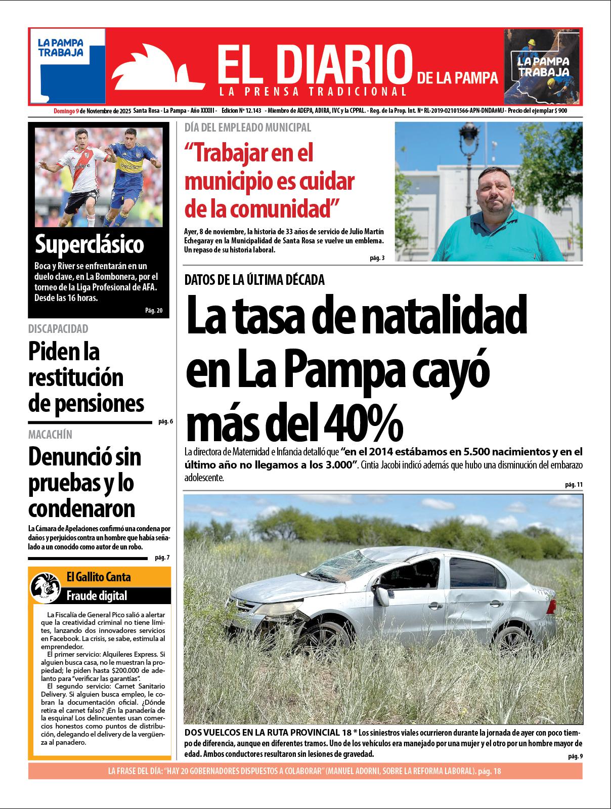 Tapa de El Diario en papel  domingo 09 de noviembre de 2025
